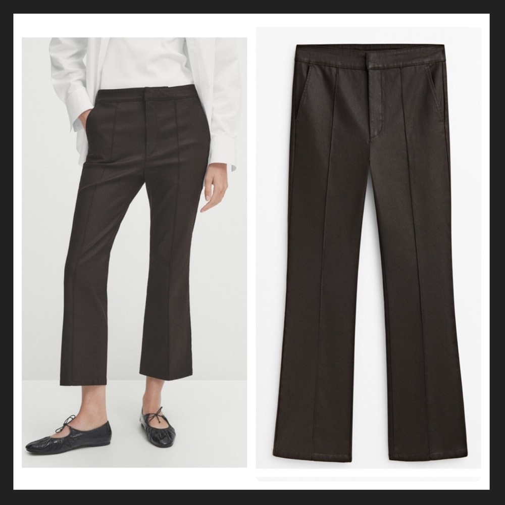NEW Massimo Dutti Waxed Kick Flare Trousers with Central Seam Detail